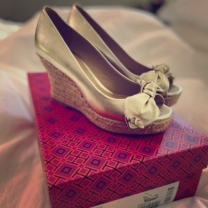 Tory Burch gold wedge espadrille
